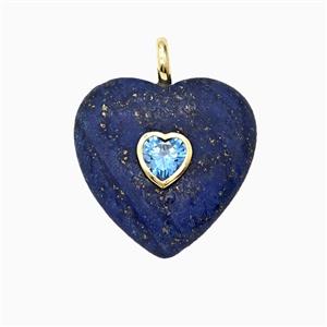 Natural Blue Lapis Lazuli Heart Pendant Pave Zirconia, approx 25mm