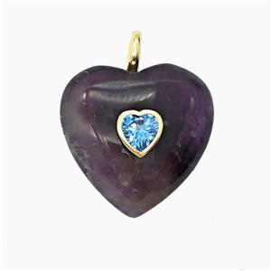 Natural Purple Amethyst Heart Pendant Pave Zirconia, approx 25mm