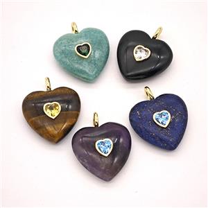 Natural Gemstone Heart Pendant Pave Zirconia Mixed, approx 25mm