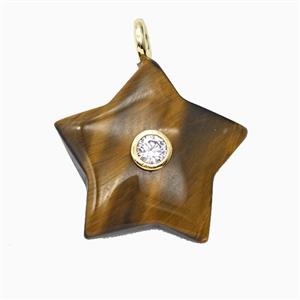 Natural Tiger Eye Stone Star Pendant Pave Zirconia, approx 30mm