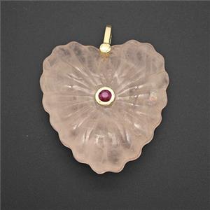 Natural Pink Rose Quartz Heart Pendant Pave Zirconia, approx 30mm