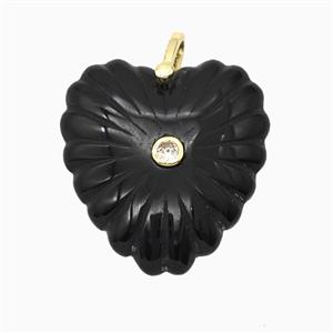 Natural Black Obsidian Heart Pendant Pave Zirconia, approx 30mm