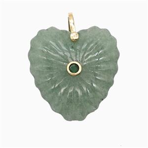 Natural Green Aventurine Heart Pendant Pave Zirconia, approx 30mm