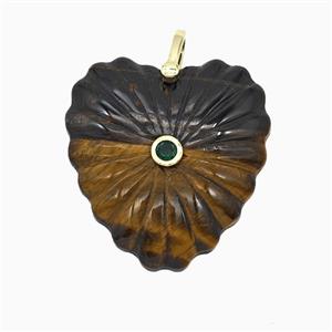 Natural Tiger Eye Stone Heart Pendant Pave Zirconia, approx 30mm