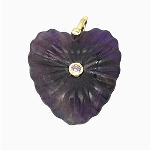 Natural Purple Amethyst Heart Pendant Pave Zirconia, approx 30mm