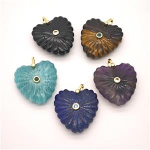 Natural Gemstone Heart Pendant Pave Zirconia Mixed, approx 30mm