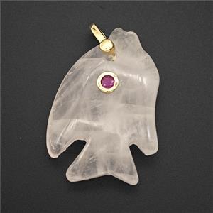 Pink Rose Quartz Fish Pendant Pave Zirconia, approx 23-33mm