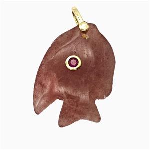 Strawberry Quartz Fish Pendant Pave Zirconia, approx 23-33mm