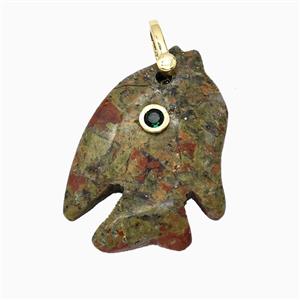 Unakite Fish Pendant Pave Zirconia, approx 23-33mm