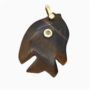 Tiger Eye Stone Fish Pendant Pave Zirconia, approx 23-33mm
