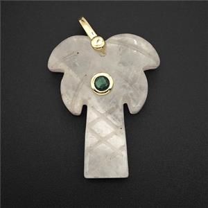Clear Quartz Coconut Tree Pendant Pave Zirconia Palm, approx 20-28mm