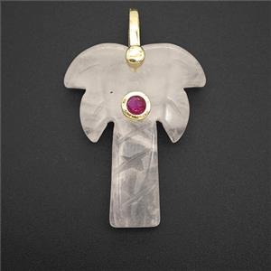 Rose Quartz Coconut Tree Pendant Pave Zirconia Palm, approx 20-28mm