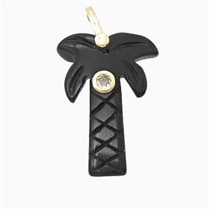 Black Obsidian Coconut Tree Pendant Pave Zirconia Palm, approx 20-28mm