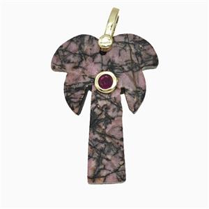 Chinese Rhodonite Coconut Tree Pendant Pave Zirconia Palm, approx 20-28mm