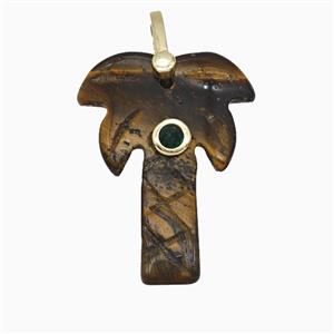 Tiger Eye Stone Coconut Tree Pendant Pave Zirconia Palm, approx 20-28mm