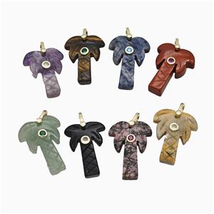 Natural Gemstone Coconut Tree Pendant Pave Zirconia Palm, approx 20-28mm