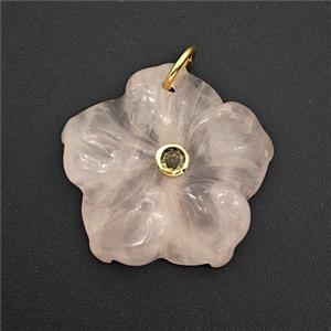 Pink Rose Quartz Flower Pendant Pave Zirconia, approx 25mm