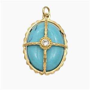 Blue Dye Howlite Turquoise Oval Pendant Pave Zirconia Gold Plated, approx 18-23mm