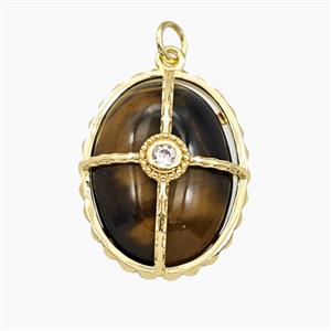 Tiger Eye Stone Oval Pendant Pave Zirconia Gold Plated, approx 18-23mm