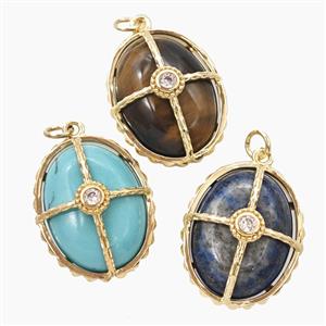 Mixed Gemstone Oval Pendant Pave Zirconia Gold Plated, approx 18-23mm