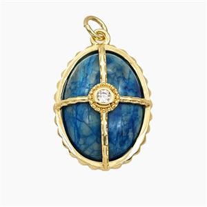 Blue Dye Jade Oval Pendant Pave Zirconia Gold Plated, approx 15-20mm