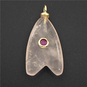 Rose Quartz Shark-Tail Pendant Pave Zirconia, approx 15-25mm