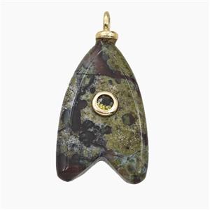 Green Dragon Bloodstone Shark-Tail Pendant Pave Zirconia, approx 15-25mm