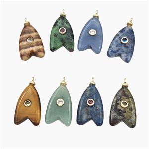 Mixed Natural Gemstone Shark-Tail Pendant Pave Zirconia, approx 15-25mm