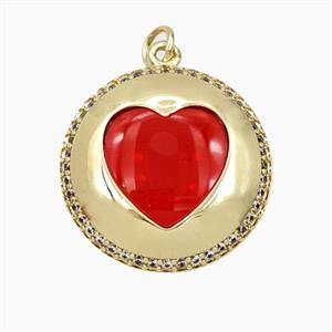 Copper Circle Pendant Pave Red Resin Heart Gold Plated, approx 21mm
