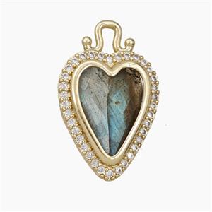 Copper Heart Pendant Pave Zirconia Labradorite Gold Plated, approx 14-22mm