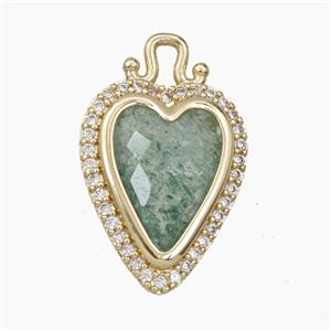 Copper Heart Pendant Pave Zirconia Green Strawberry Quartz Gold Plated, approx 14-22mm