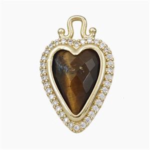 Copper Heart Pendant Pave Zirconia Tiger Eye Gold Plated, approx 14-22mm