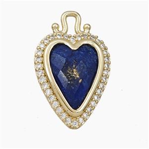 Copper Heart Pendant Pave Zirconia Blue Lapis Lazuli Gold Plated, approx 14-22mm