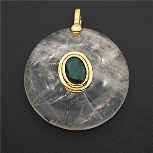 Clear Quartz Coin Pendant Pave Zirconia, approx 25mm