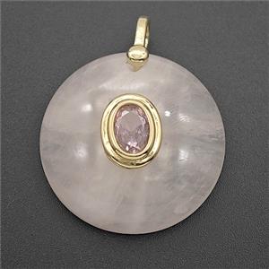 Pink Rose Quartz Coin Pendant Pave Zirconia, approx 25mm