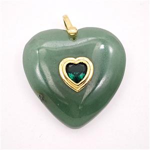 Green Aventurine Heart Pendant Pave Zirconia, approx 30mm