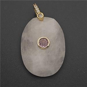 Pink Rose Quartz Oval Pendant Pave Zirconia, approx 18-25mm