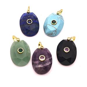 Natural Gemstone Oval Pendant Pave Zirconia Mixed, approx 18-25mm