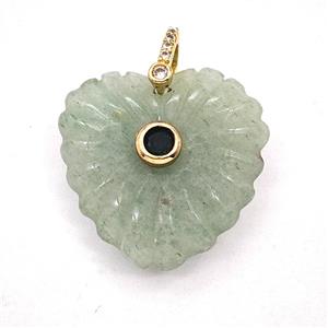 Green Aventurine Heart Pendant Pave Zirconia Ribbed, approx 28mm