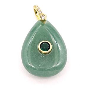 Green Aventurine Teardrop Pendant Pave Zirconia, approx 18-25mm