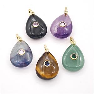 Natural Gemstone Teardrop Pendant Pave Zirconia Mixed, approx 18-25mm