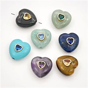 Natural Gemstone Heart Beads Pave Zirconia Mixed, approx 20mm