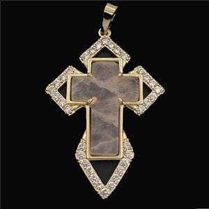 Copper Cross Pendant Pave Zirconia Rose Quartz Gold Plated, approx 33-57mm