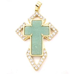 Copper Cross Pendant Pave Zirconia Green Aventurine Gold Plated, approx 33-57mm