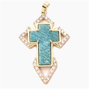 Copper Cross Pendant Pave Zirconia Green Amazonite Gold Plated, approx 33-57mm
