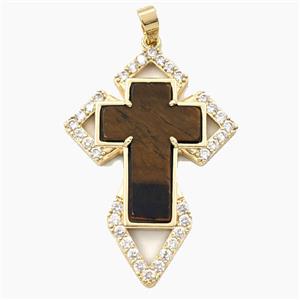 Copper Cross Pendant Pave Zirconia Tiger Eye Gold Plated, approx 33-57mm