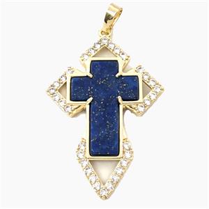 Copper Cross Pendant Pave Zirconia Lapis Lazuli Gold Plated, approx 33-57mm