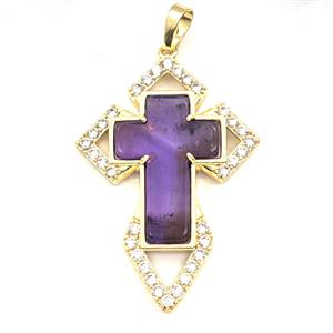 Copper Cross Pendant Pave Zirconia Amethyst Gold Plated, approx 33-57mm