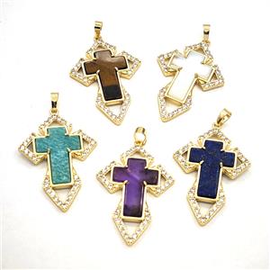 Copper Cross Pendant Pave Zirconia Gemstone Gold Plated Mixed, approx 33-57mm