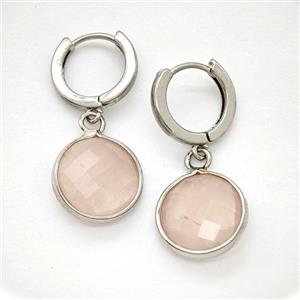 Rose Quartz Copper Hoop Earrings Circle Platinum Plated, approx 14mm, 14mm dia